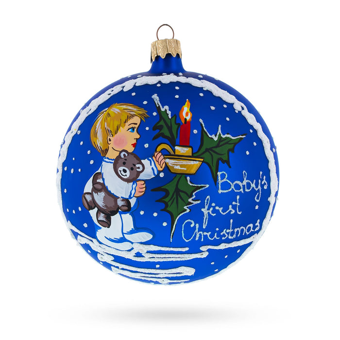 BestPysanky Boy Cuddling Teddy Bear Blown Glass Ball Baby's First Christmas Ornament 4 Inches