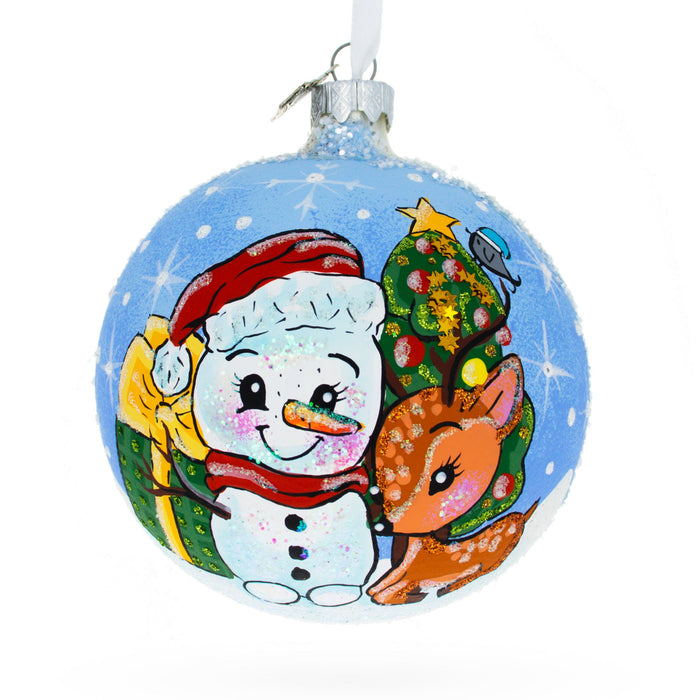 BestPysanky Snowman and Baby Deer First Christmas Glass Ball Christmas Ornament 4 Inches