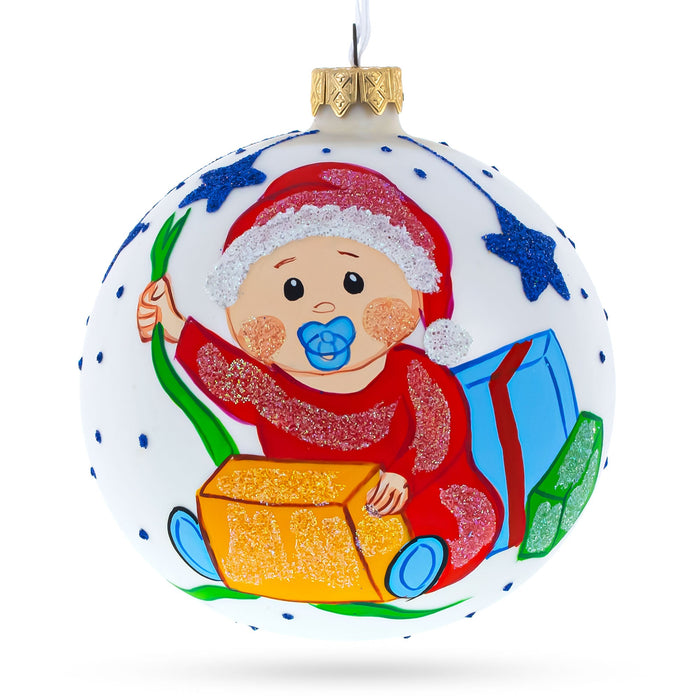 BestPysanky Boy Opening Gift Blown Glass Ball Baby's First Christmas Ornament 4 Inches