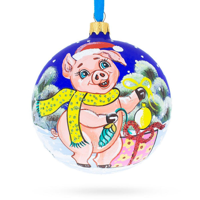 BestPysanky Festive Pigs Decorating Tree Blown Glass Ball Christmas Ornament 4 Inches