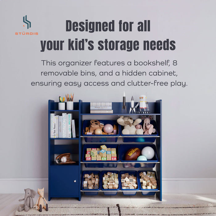 Sturdis Kids Toy Storage Organizer with Bookshelf and 8 Toy Bins, Dark Blue