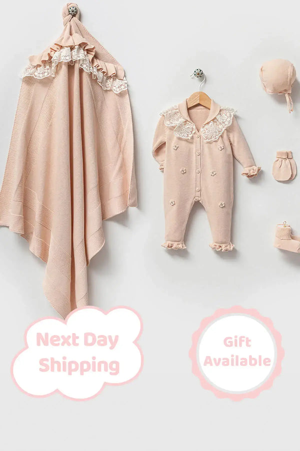 THA Dressing Lily Beige Newborn Girl Coming Home Set (5 Pcs)