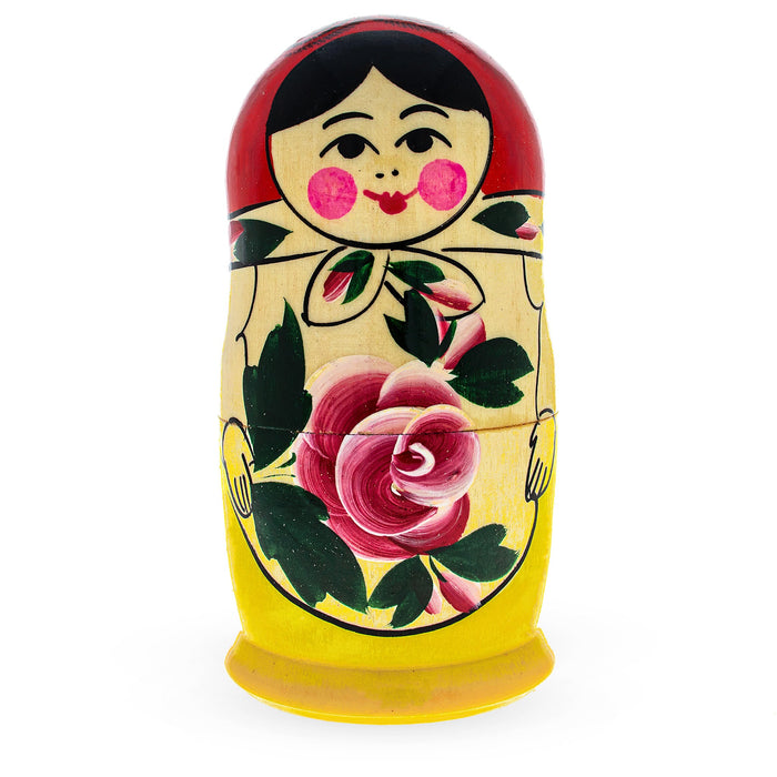 BestPysanky Set of 5 Semenov Style Red Scarf Matryoshka Wooden Nesting Dolls