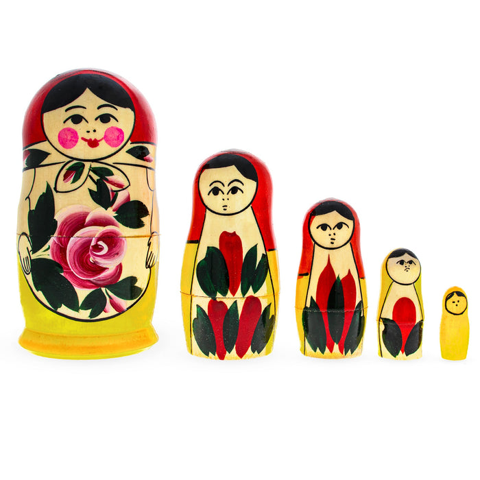 BestPysanky Set of 5 Semenov Style Red Scarf Matryoshka Wooden Nesting Dolls