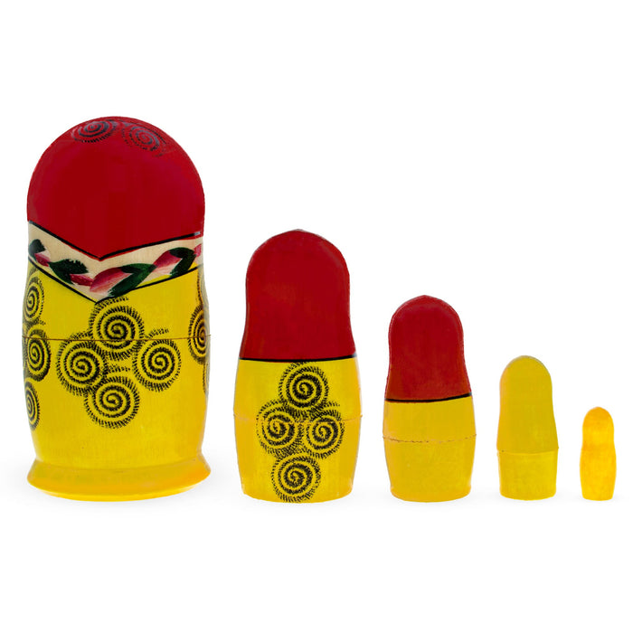 BestPysanky Set of 5 Semenov Style Red Scarf Matryoshka Wooden Nesting Dolls