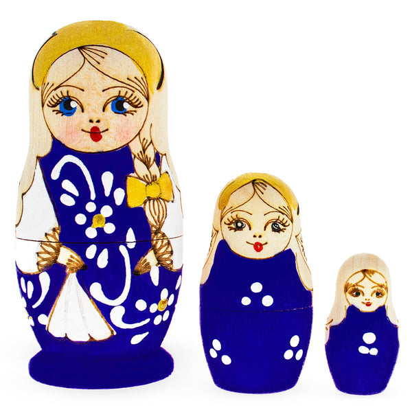 BestPysanky Set of 3 Pieces Blue Woodburning Style Wooden Nesting Dolls