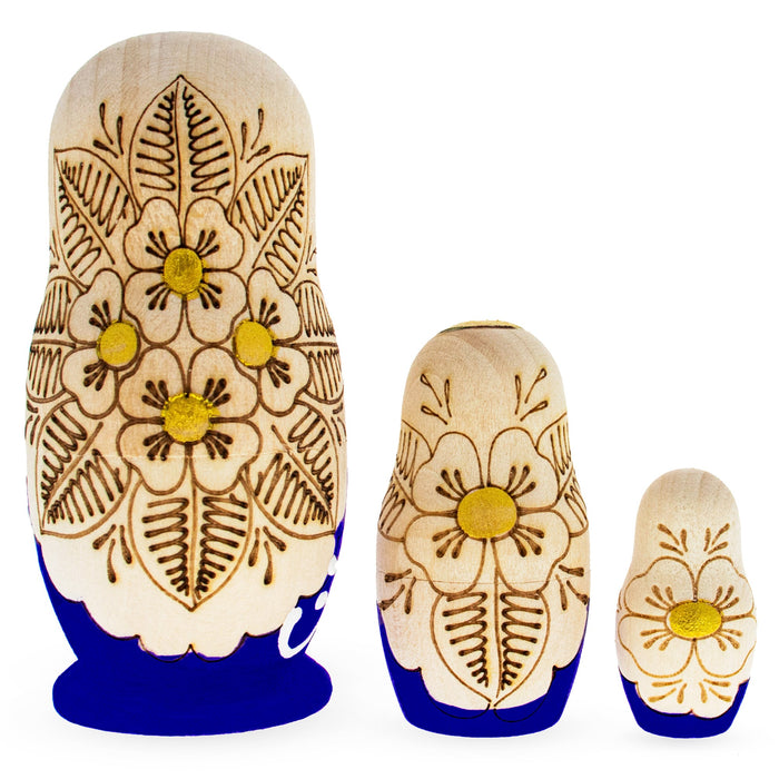 BestPysanky Set of 3 Pieces Blue Woodburning Style Wooden Nesting Dolls