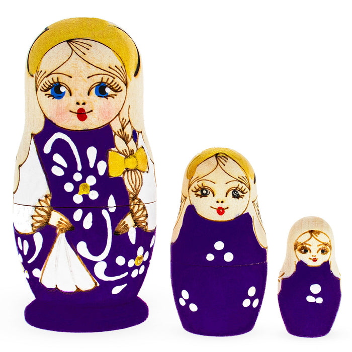 BestPysanky Set of 3 Purple Woodburning Style Wooden Nesting Dolls