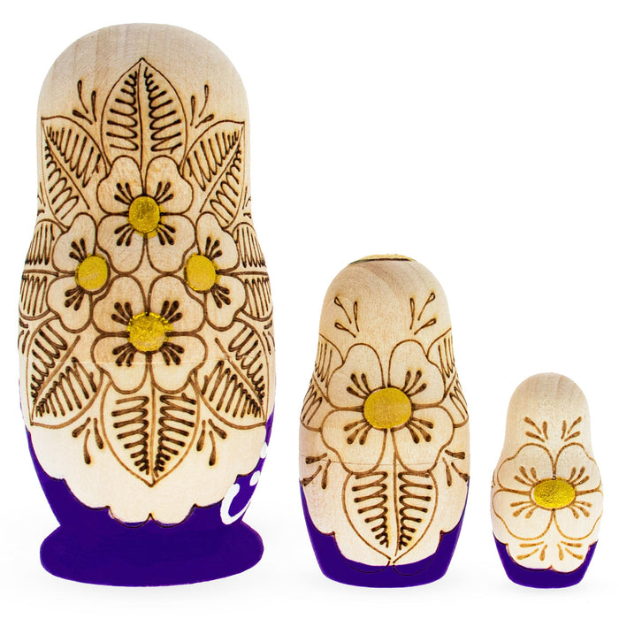 BestPysanky Set of 3 Purple Woodburning Style Wooden Nesting Dolls