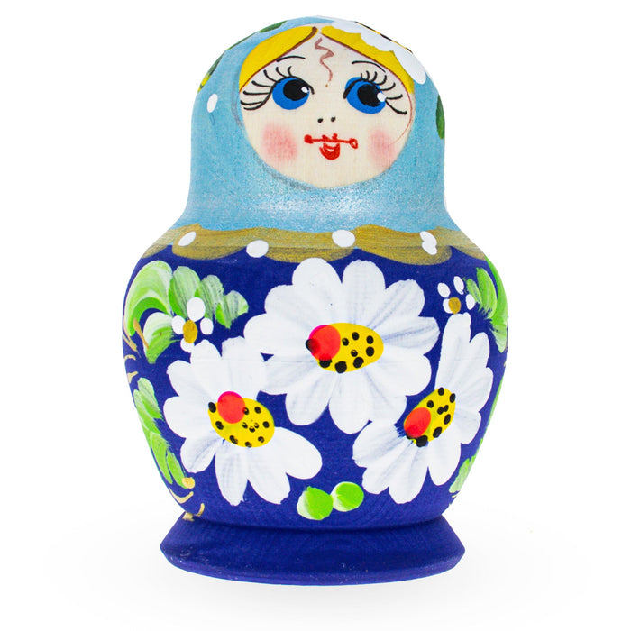 BestPysanky Beautiful Wooden  with Light Blue Color Hood and Flowers Nesting Dolls