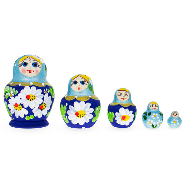 BestPysanky Beautiful Wooden  with Light Blue Color Hood and Flowers Nesting Dolls