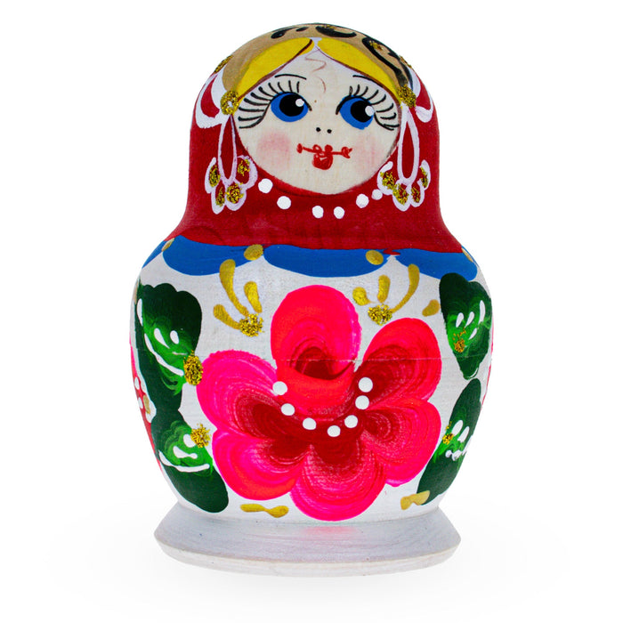 BestPysanky Beautiful Wooden  with Red Color Hood and Pink Flowers Nesting Dolls