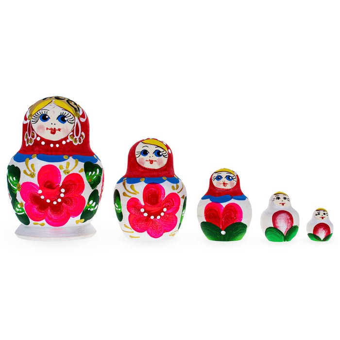 BestPysanky Beautiful Wooden  with Red Color Hood and Pink Flowers Nesting Dolls