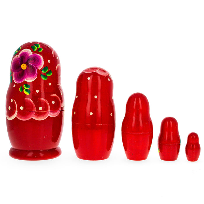 BestPysanky Beautiful Wooden Matryoshka with Red Color Hood and Flowers Wooden Nesting Dolls