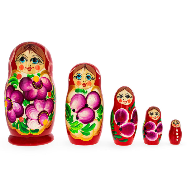 BestPysanky Beautiful Wooden Matryoshka with Red Color Hood and Flowers Wooden Nesting Dolls