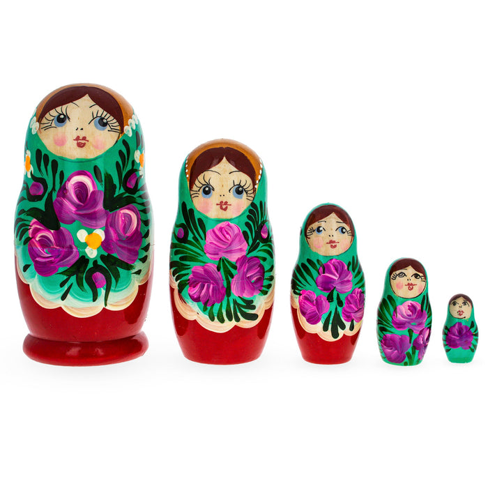 BestPysanky Beautiful Wooden  with Green Color Hood and Flowers Nesting Dolls