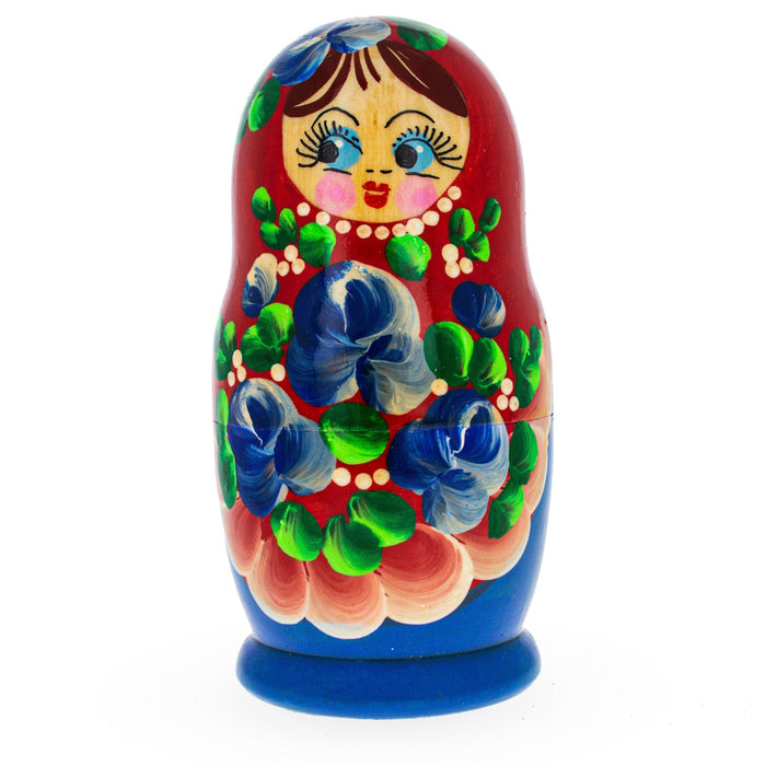 BestPysanky Beautiful Wooden  with Red Color Hood and Blue Flowers Nesting Dolls