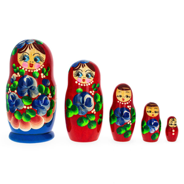 BestPysanky Beautiful Wooden  with Red Color Hood and Blue Flowers Nesting Dolls