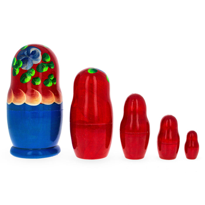 BestPysanky Beautiful Wooden  with Red Color Hood and Blue Flowers Nesting Dolls