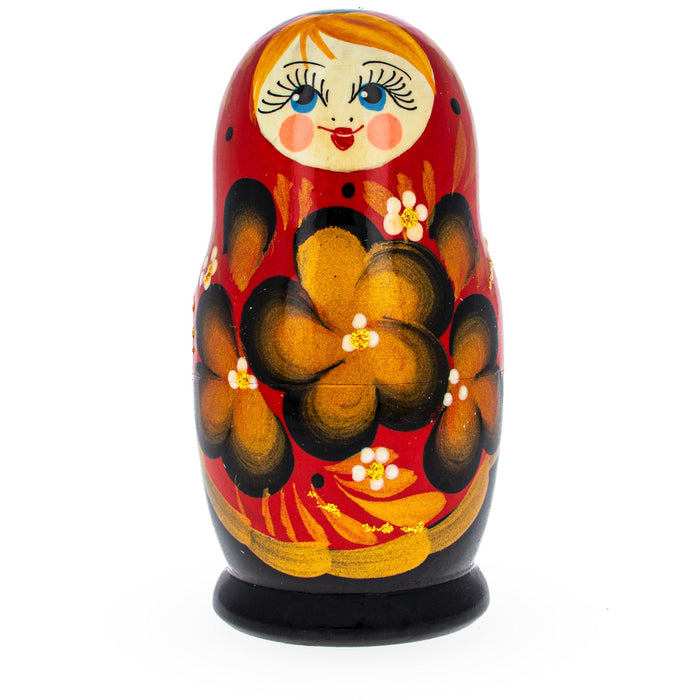 BestPysanky Beautiful Wooden  with Red Color Hood and Golden Flowers Nesting Dolls