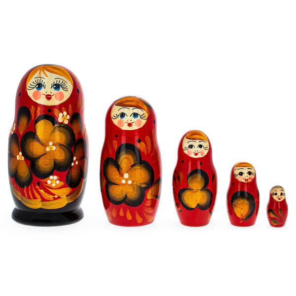 BestPysanky Beautiful Wooden  with Red Color Hood and Golden Flowers Nesting Dolls