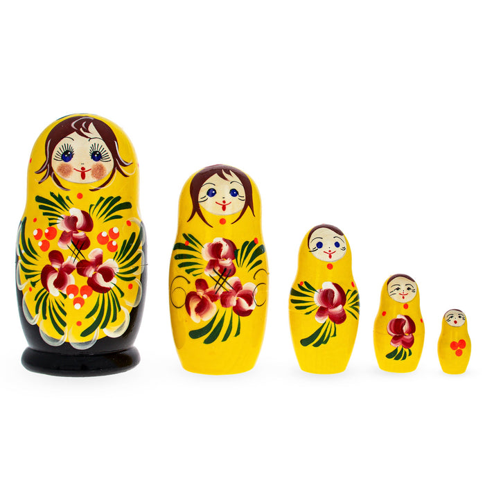 BestPysanky Beautiful Wooden  with Yellow Color Hood and Flowers Nesting Dolls