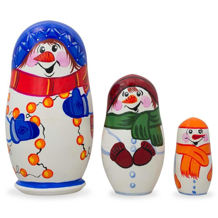 BestPysanky Set of 3 Snowman Wooden Christmas Nesting Dolls 4.25 Inches