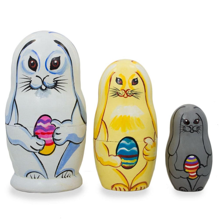 BestPysanky Set of 3 Bunnies with Easter Eggs Wooden Nesting Dolls 4.25 Inches