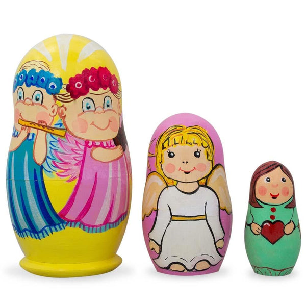 BestPysanky Set of 3 Guardian Angels with Flute, Heart Wooden Nesting Dolls 4.25 Inches