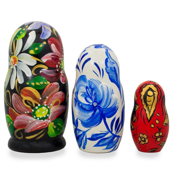 BestPysanky Set of 3 Khokhloma Flowers Wooden Nesting Dolls 4.25 Inches