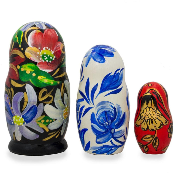 BestPysanky Set of 3 Khokhloma Flowers Wooden Nesting Dolls 4.25 Inches