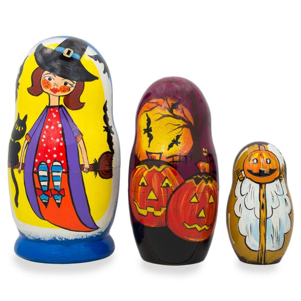 BestPysanky Set of 3 Halloween Witch and Pumpkins Wooden Nesting Dolls 4.25 Inches