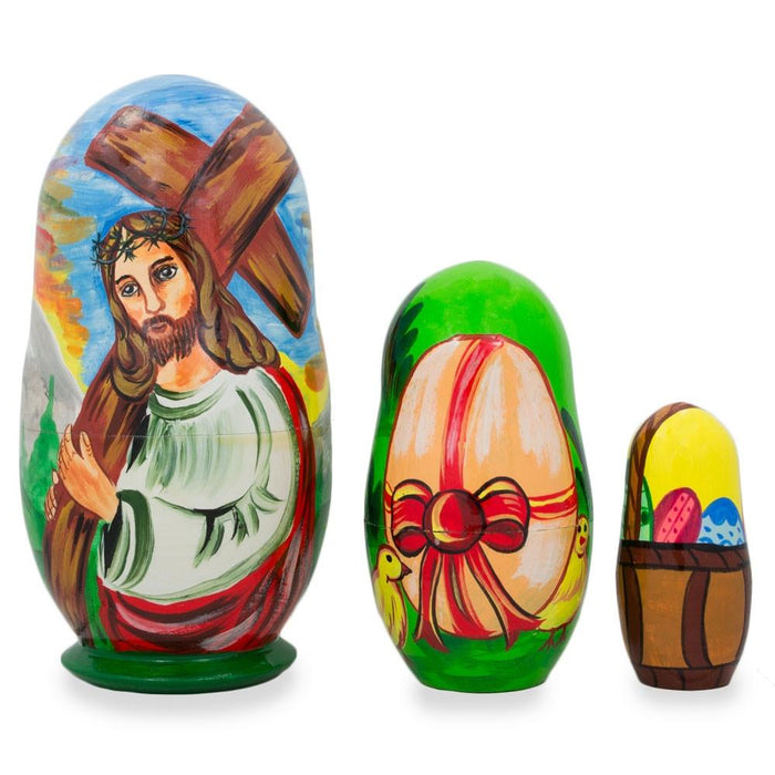 BestPysanky Set of 3 Jesus with Cross, Easter Eggs Wooden Nesting Dolls 4.25 Inches