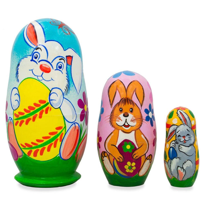 BestPysanky Set of 3 Bunnies and Easter Eggs Wooden Nesting Dolls 4.25 Inches