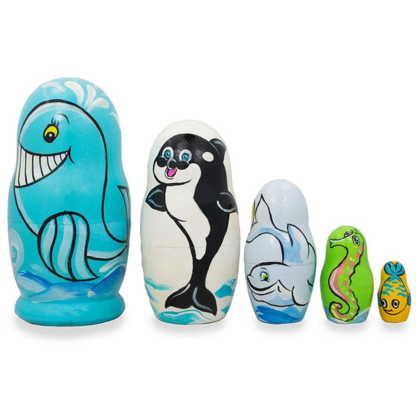 BestPysanky Set of 5 Dolphin, Whale, Seahorse Wooden Sea Animals Nesting Dolls 4.25 Inches