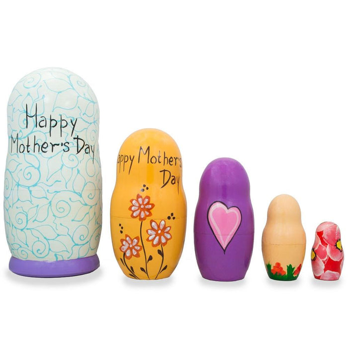 BestPysanky Set of 5 Happy Mother's Day Wooden Animal Nesting Dolls 6 Inches