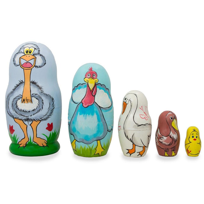 BestPysanky Set of 5 Ostrich, Turkey, Duck Birds Wooden Animal Nesting Dolls 4.25 Inches