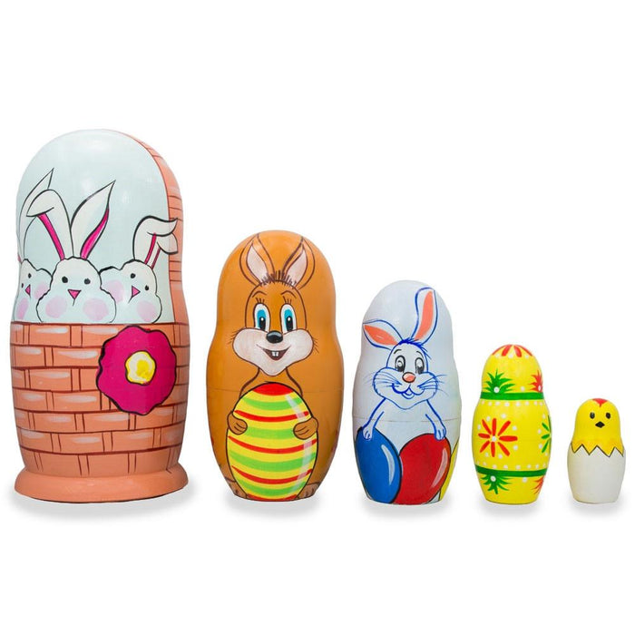 BestPysanky 5 Bunnies, Chick with Easter Eggs Wicker Basket Wooden Nesting Dolls 6 Inches