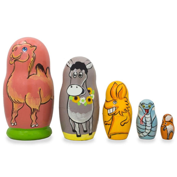 BestPysanky Set of 5 Camel, Donkey, Snake Wooden Animal Nesting Dolls 4.25 Inches