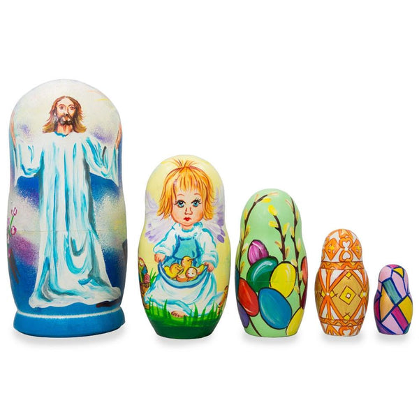 BestPysanky Set of 5 Jesus Christ Rising, Angel and Easter Eggs Wooden Nesting Dolls 6 Inches