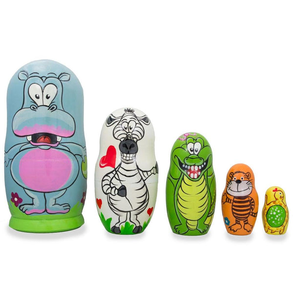 BestPysanky Set of 5 Hippo, Zebra and Tiger Wooden Animal Nesting Dolls 6 Inches