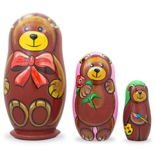 BestPysanky Set of 3 Bears with Rose and Bow Wooden Nesting Dolls 4.25 Inches