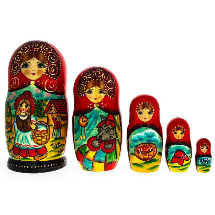 BestPysanky Set of 5 Little Red Riding Hood Wooden  Nesting Dolls 7 Inches