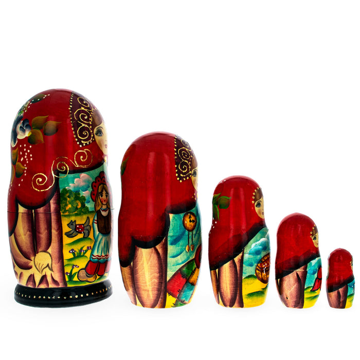 BestPysanky Set of 5 Little Red Riding Hood Wooden  Nesting Dolls 7 Inches