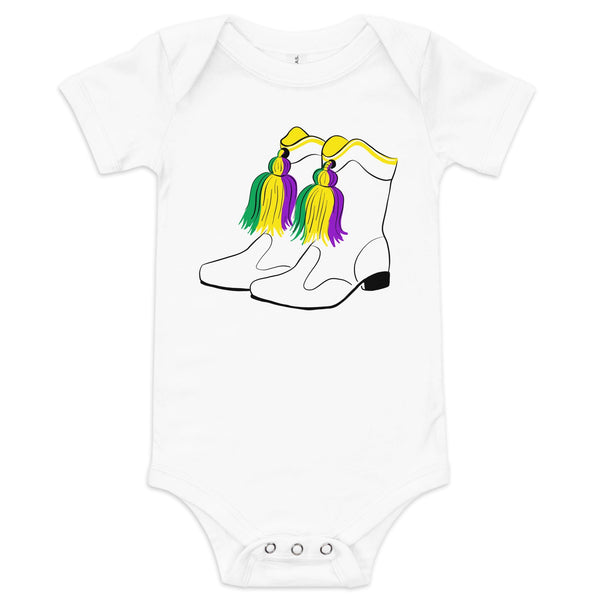 Little Hometown Mardi Gras Boots Baby Onesie