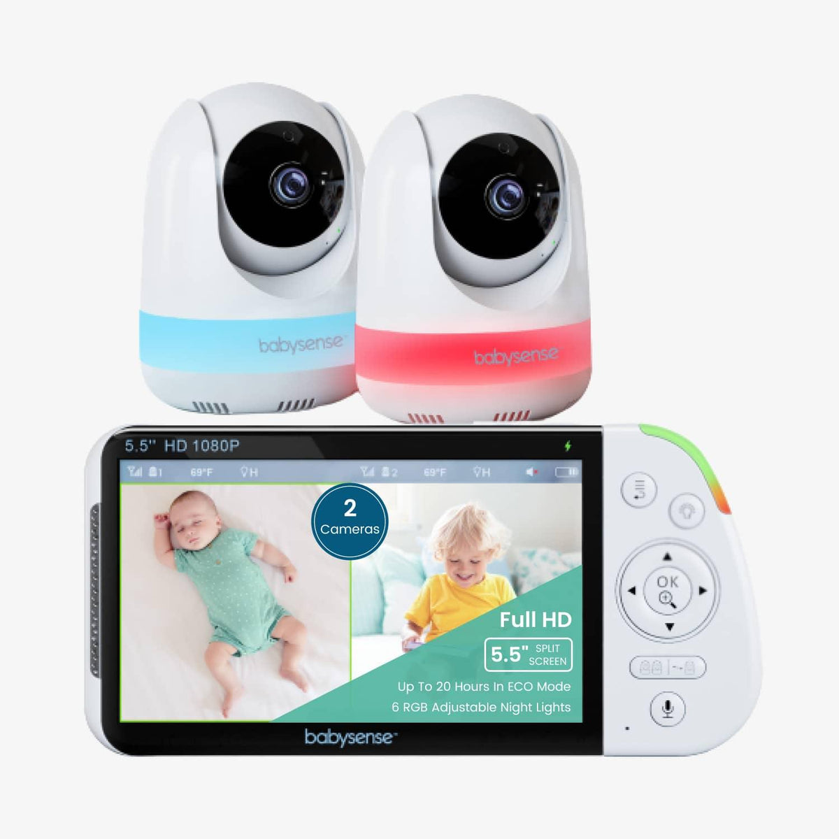 Babysense Maxview Baby Monitor 5.5 Inch 1080p Full HD, White Noise,  Split-Screen Cameras