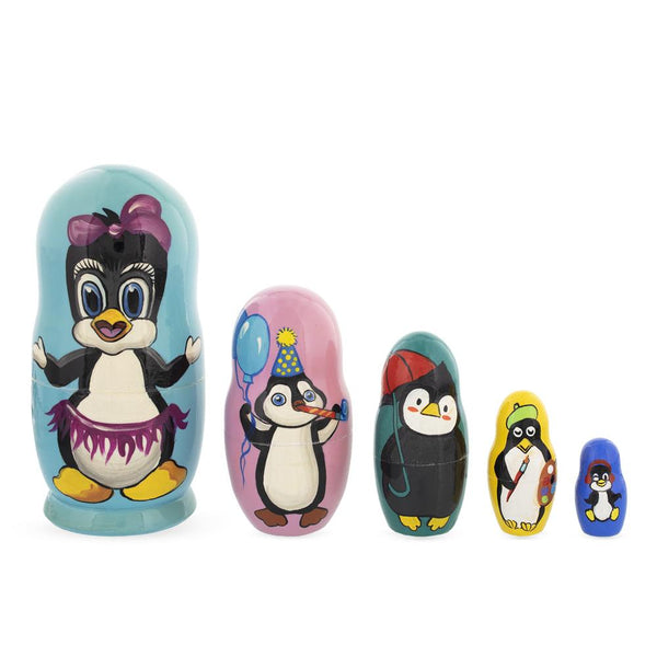 BestPysanky Set of 5 Penguins Wooden Nesting Dolls 6 Inches