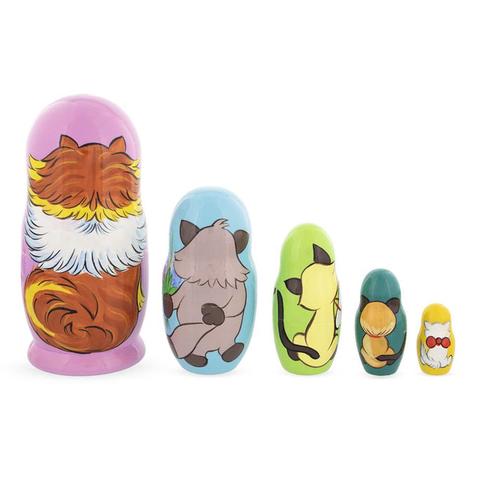 BestPysanky Set of 5 Colorful Cats Wooden Nesting Dolls 6 Inches