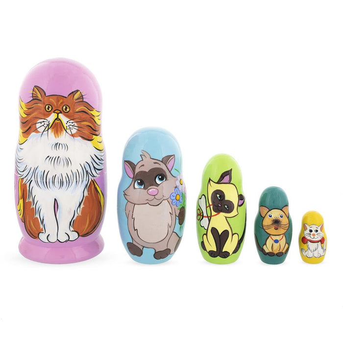 BestPysanky Set of 5 Colorful Cats Wooden Nesting Dolls 6 Inches