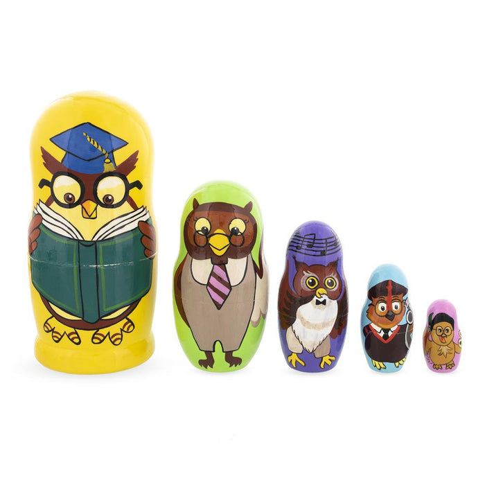 BestPysanky Set of 5 Owls Professors Wooden Nesting Dolls 6 Inches